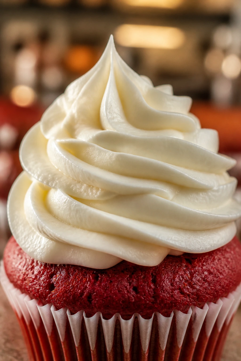 Close-up of a cream cheese frosting swirl on a red velvet cupcake