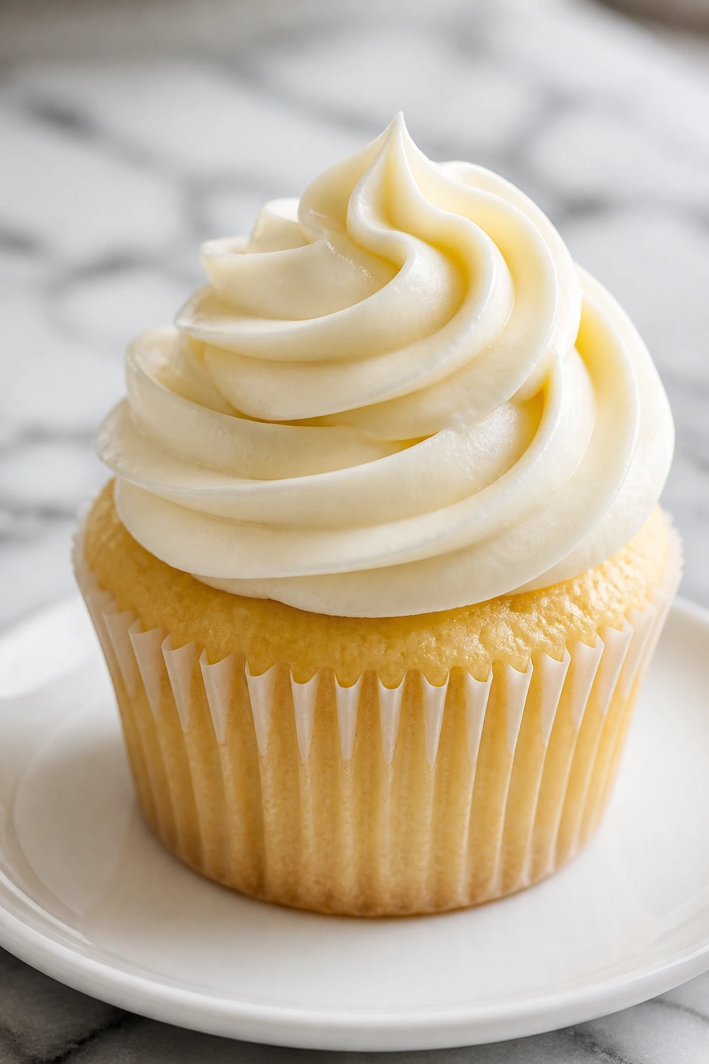 Close-up of a vanilla cupcake with cream cheese frosting on a plate in a bright kitchen