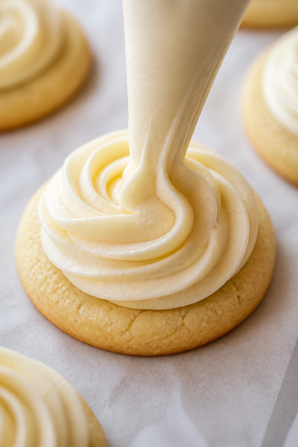 Close-up of a cookie with smooth cream cheese frosting being decorated.