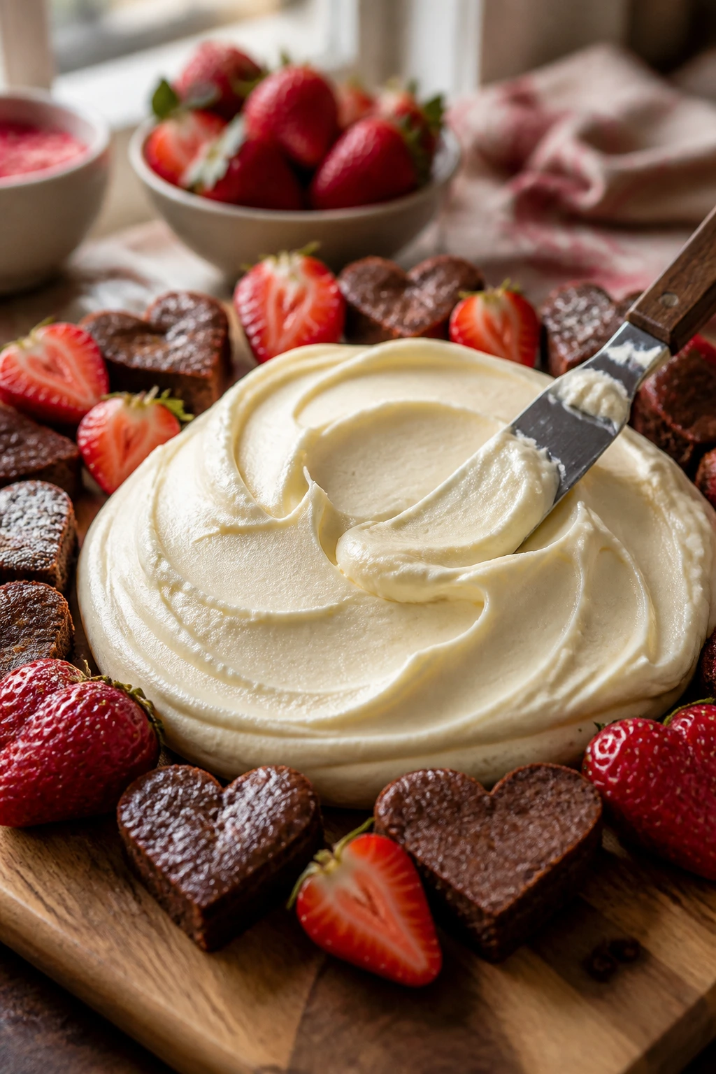 Close-up of cream cheese frosting mound with brownies and berries on wooden board