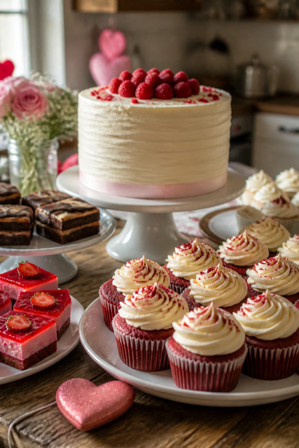 Close-up of a cream cheese frosting dessert table with cake and cupcakes