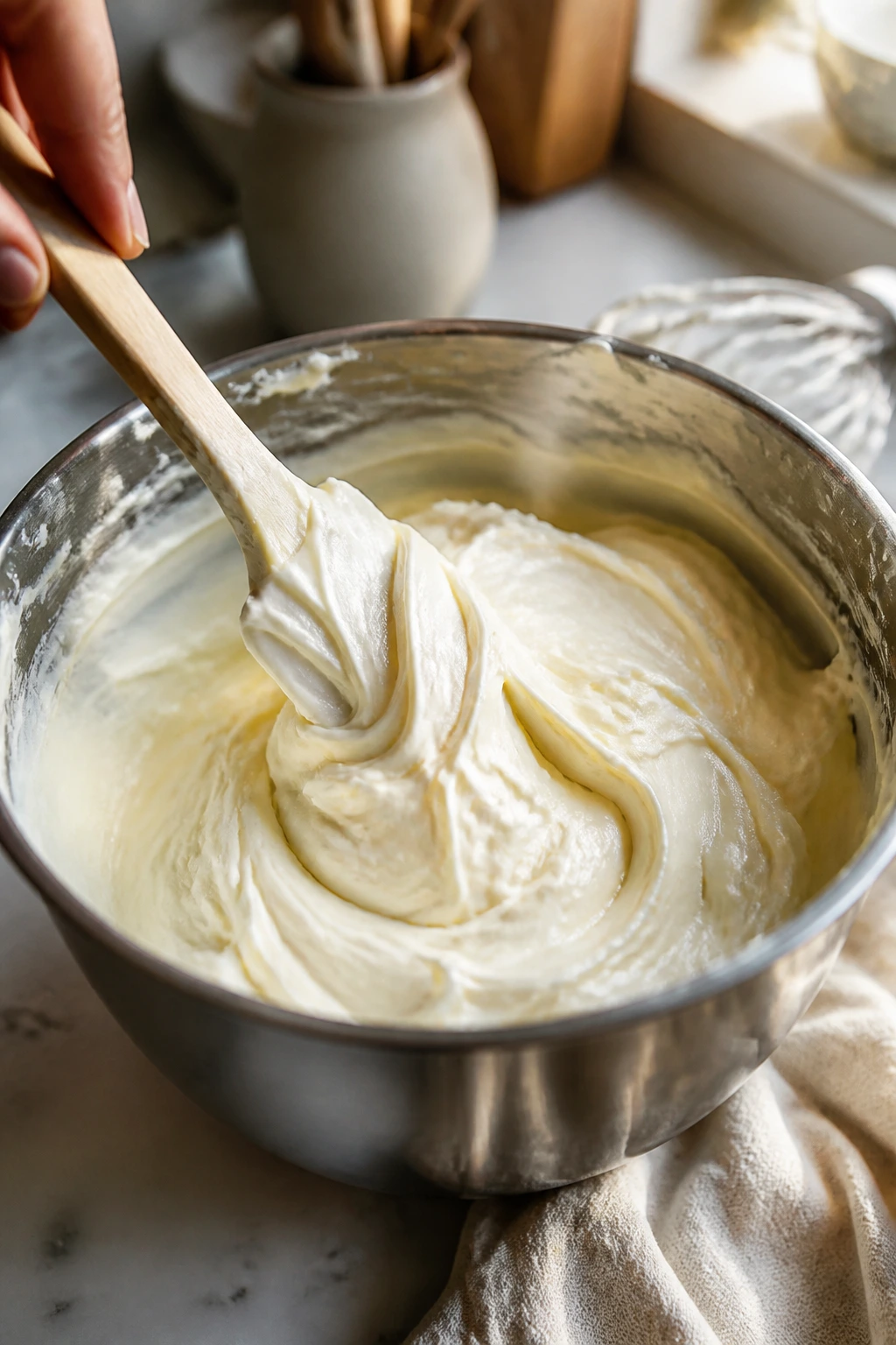 Close-up of glossy cream cheese frosting in a mixing bowl ready to pipe