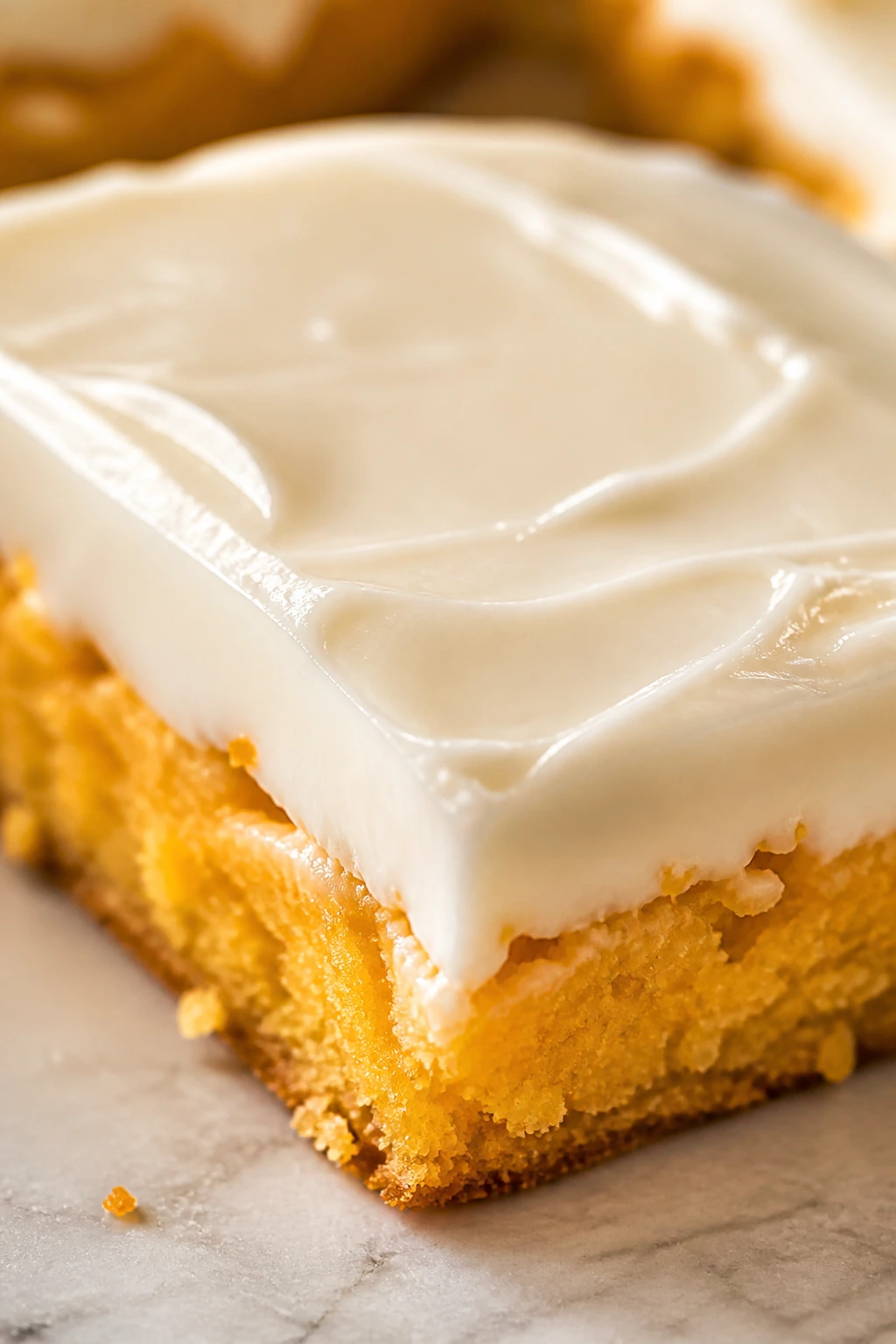 Smooth cream cheese frosting on orange bar square