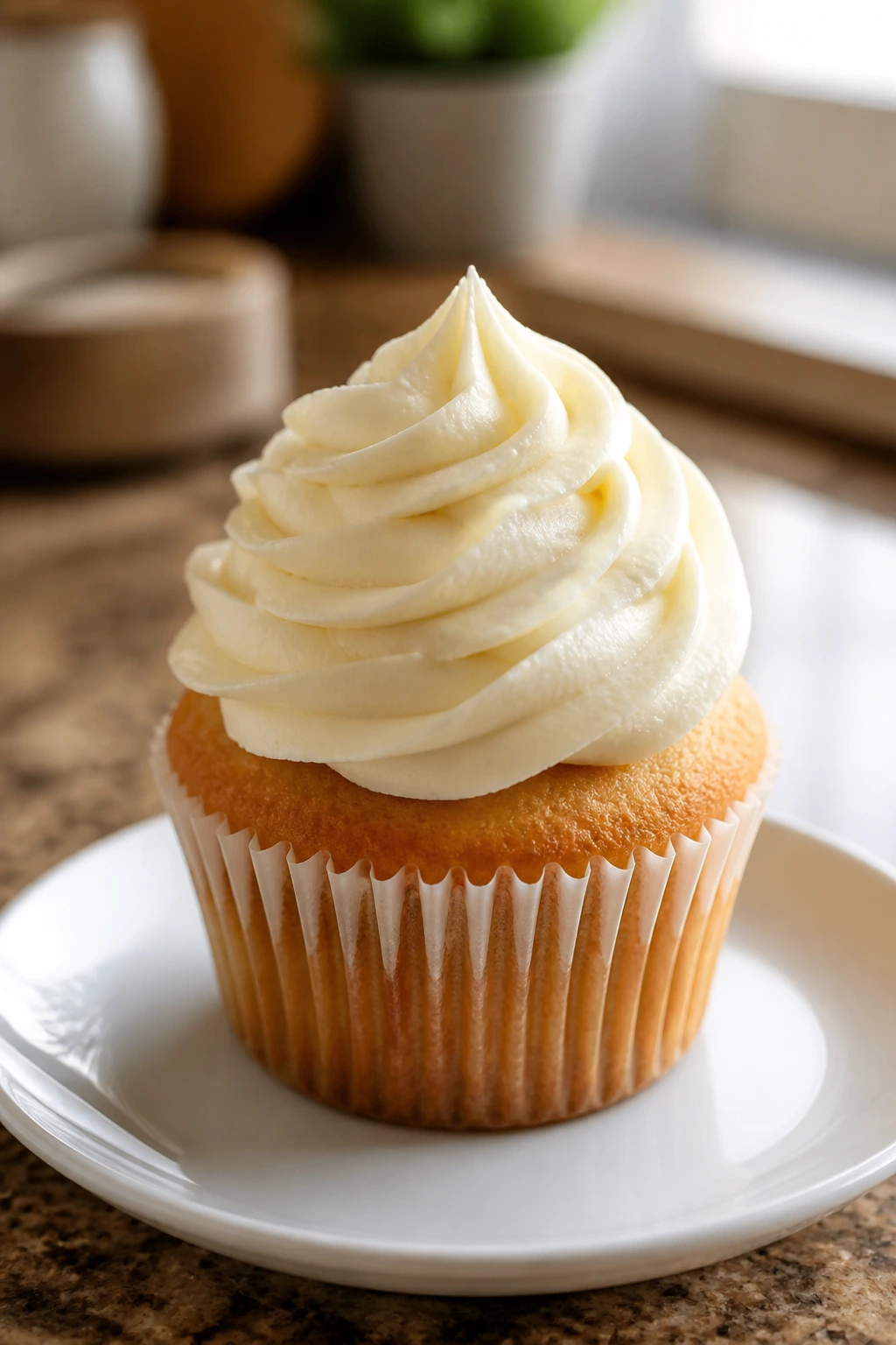 Close-up of a piped cream cheese frosting swirl on a cupcake