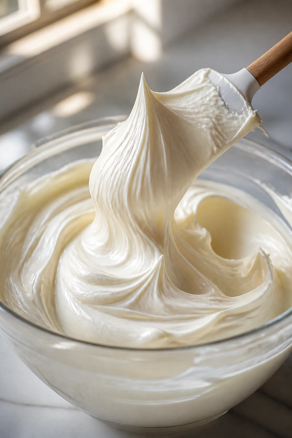 Close-up of glossy cream cheese frosting being whipped with a spatula in a bowl.