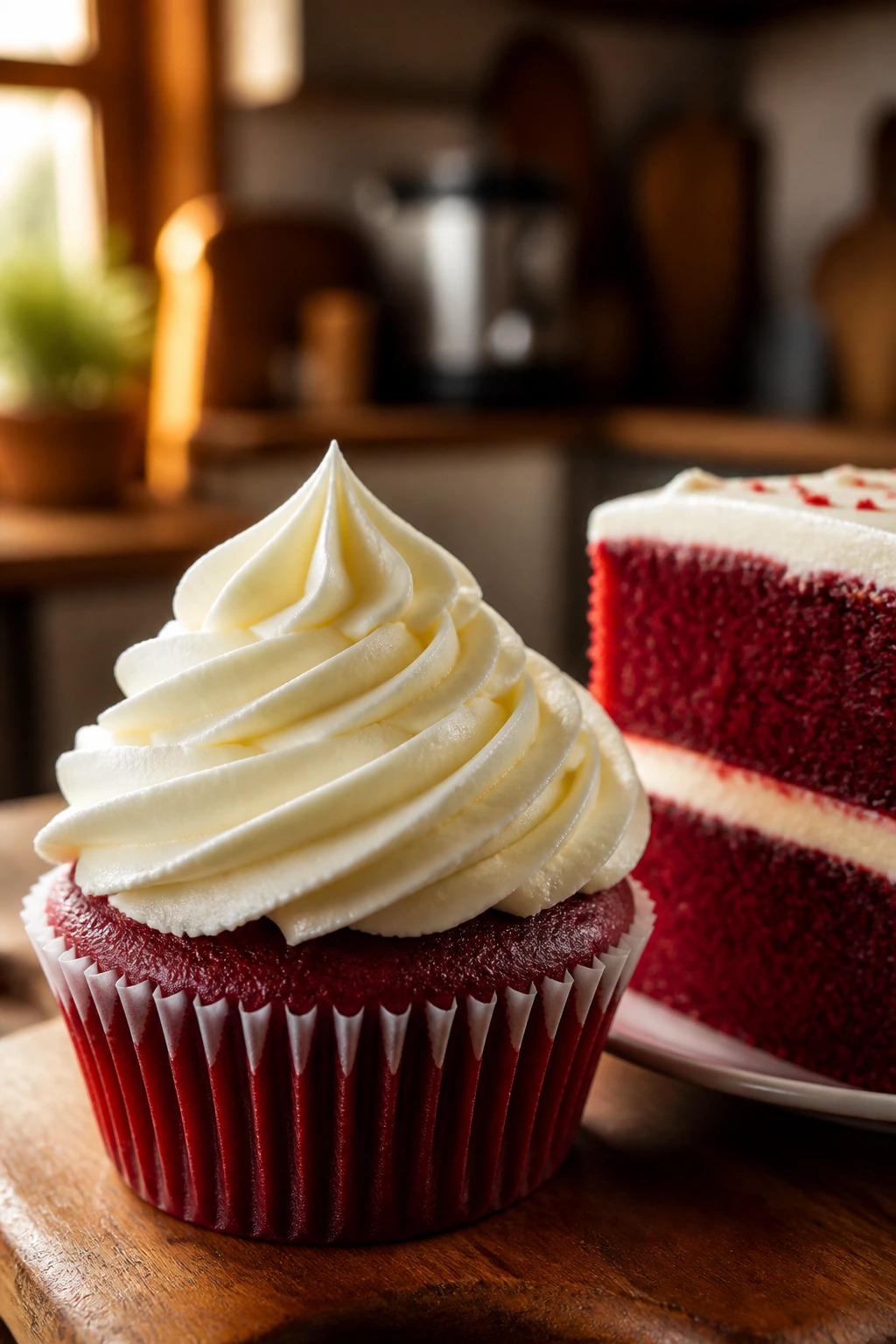 Cupcake with defined cream cheese frosting swirl and cake slice