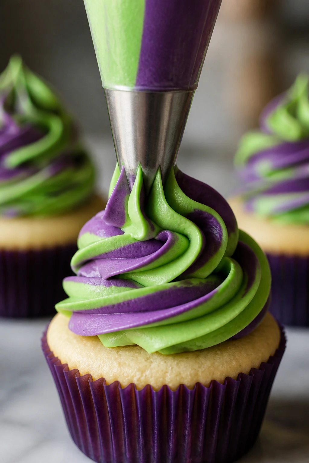 Piping bag creating tall green and purple frosting swirls on a cupcake