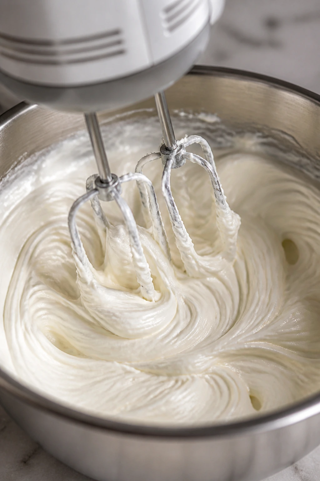 Hand mixer whisking cream cheese frosting in a stainless bowl until smooth