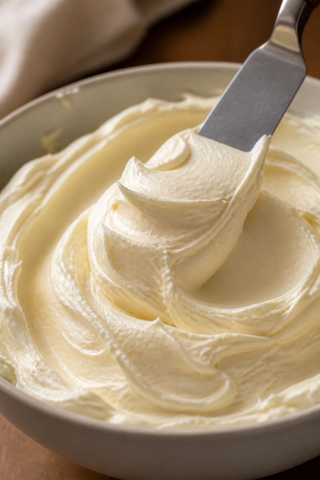 Cream cheese frosting in a bowl with spatula swirl