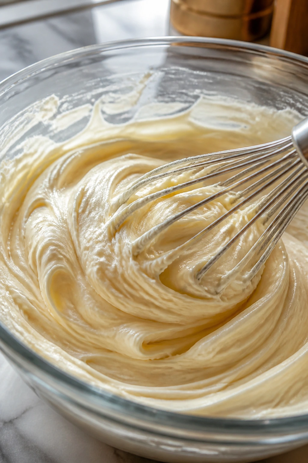 Close-up of glossy cream cheese frosting being whipped in a glass bowl in a sunlit kitchen