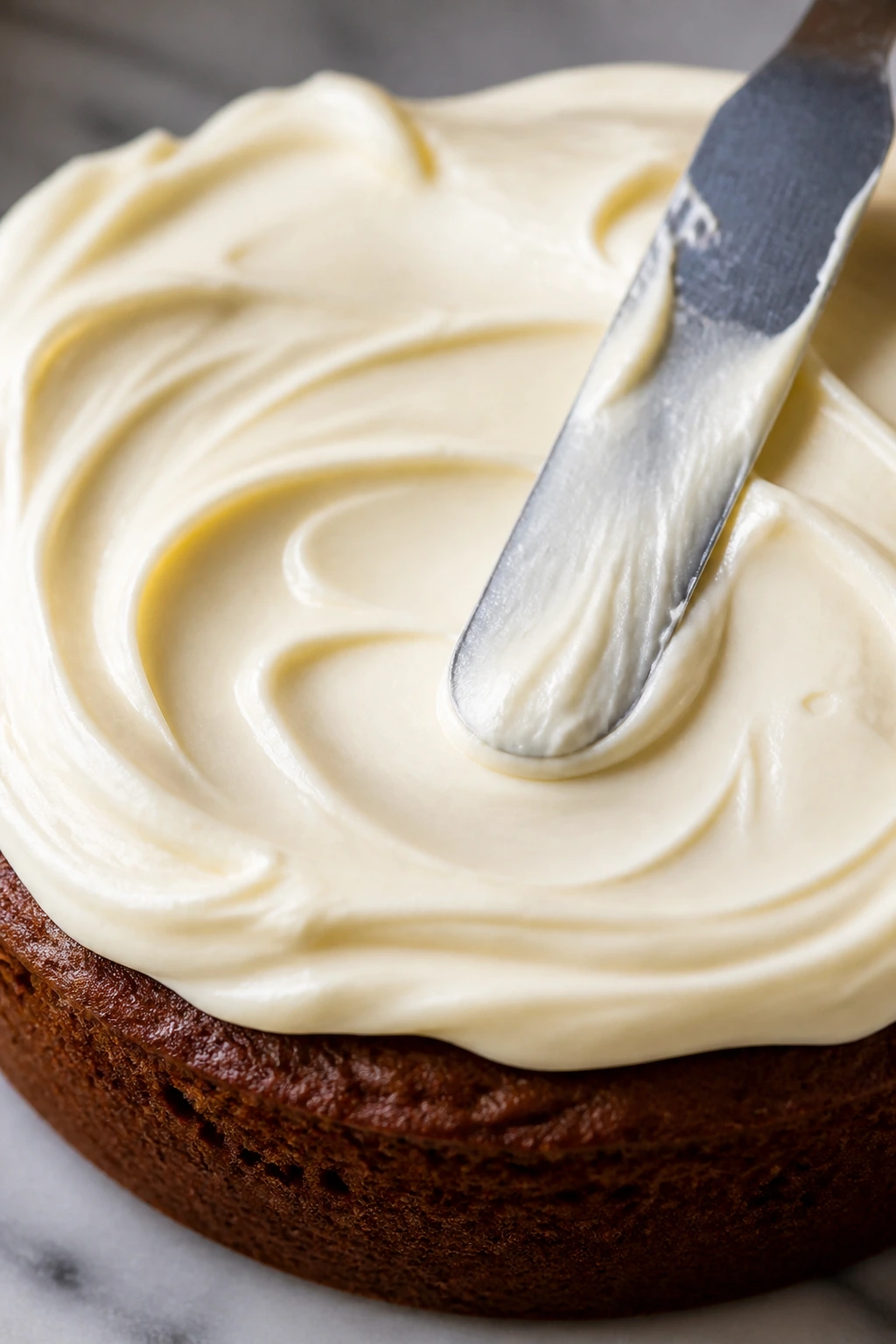 Thick cream cheese frosting spread on a cooled cake