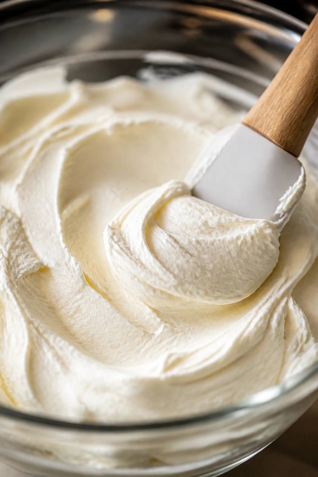 Close-up of thick cream cheese frosting in a bowl with a spatula