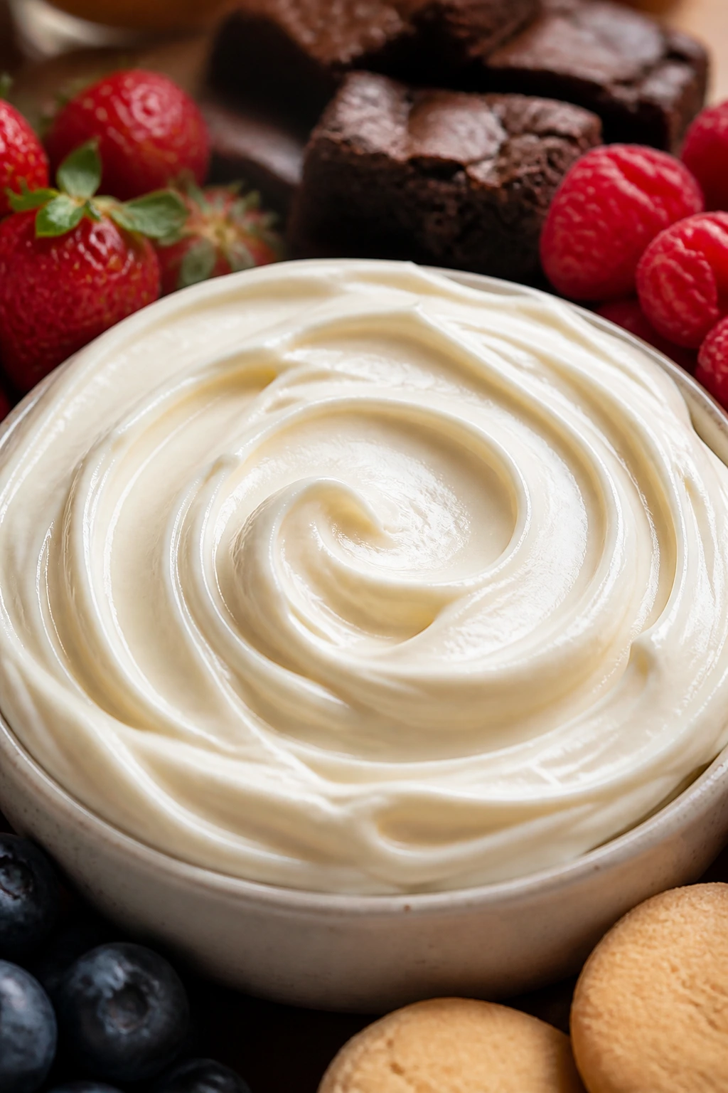 Macro close-up of thick cream cheese frosting swirl on a dessert board