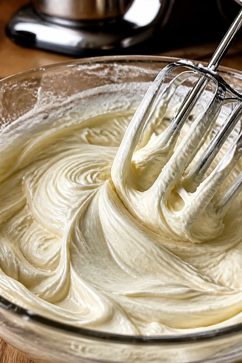 Glossy cream cheese frosting in a bowl being whipped to a smooth satin texture