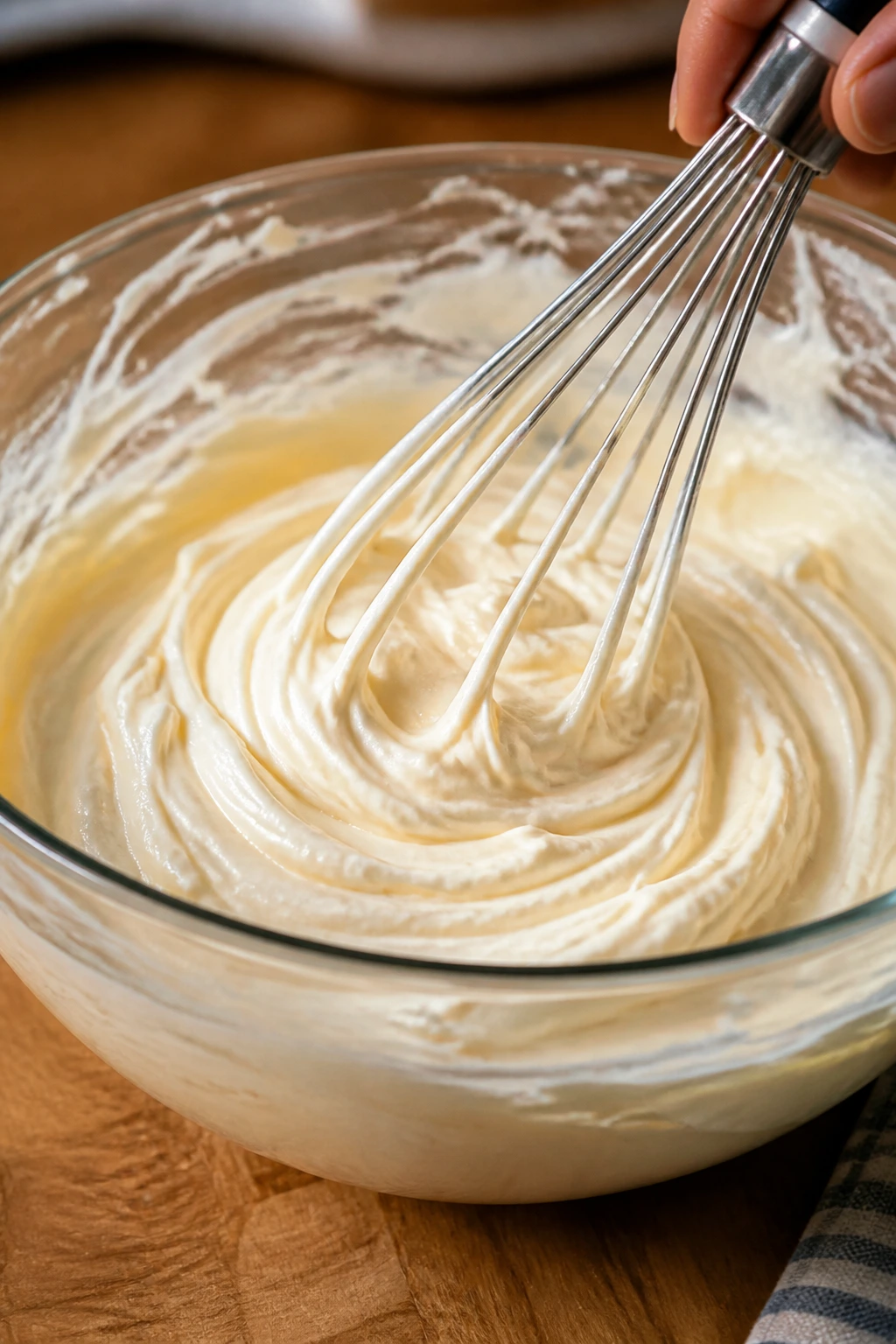 Cream cheese frosting being whipped in a glass bowl