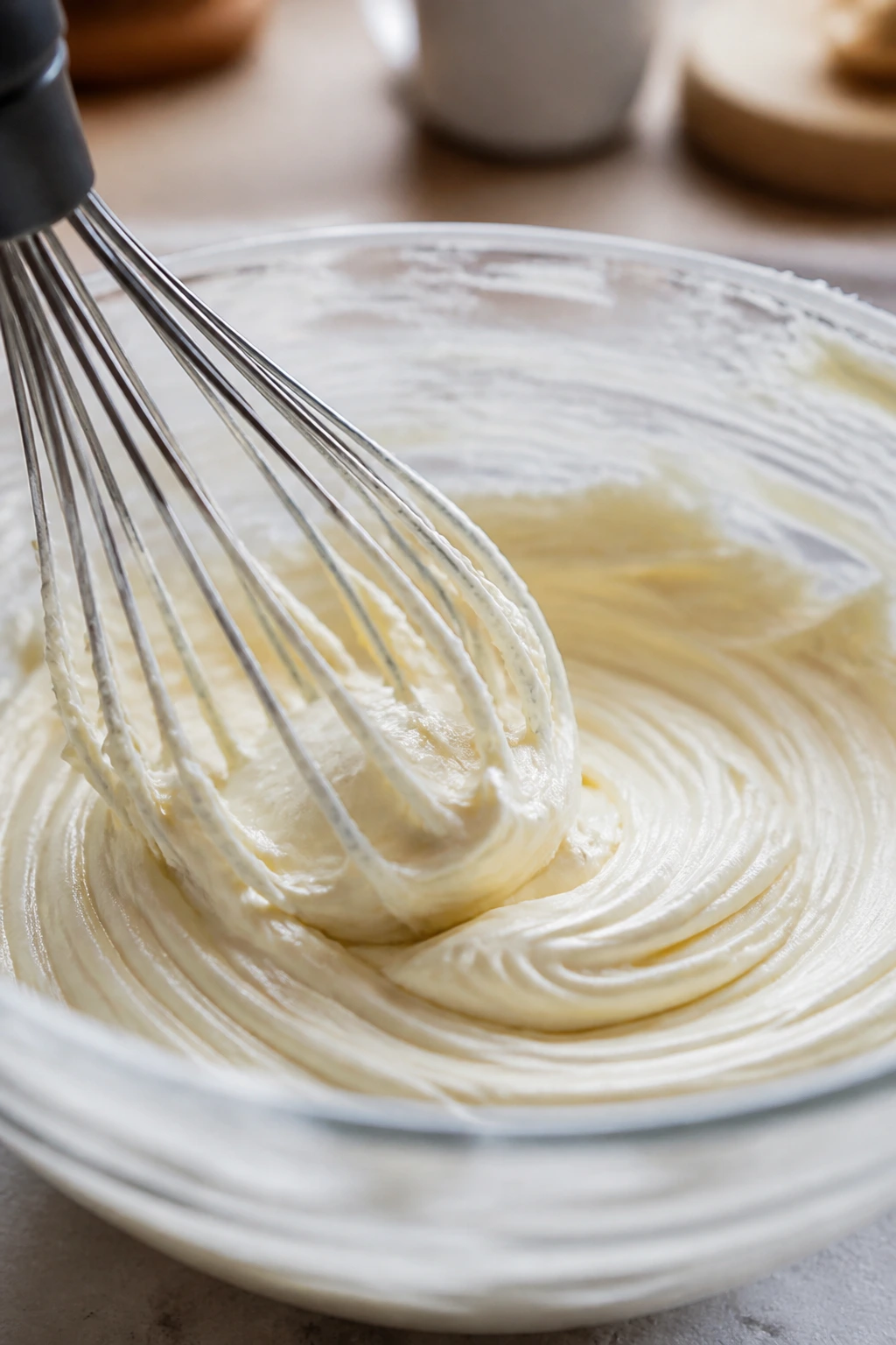 Close-up of pale cream cheese frosting being whipped in a mixing bowl