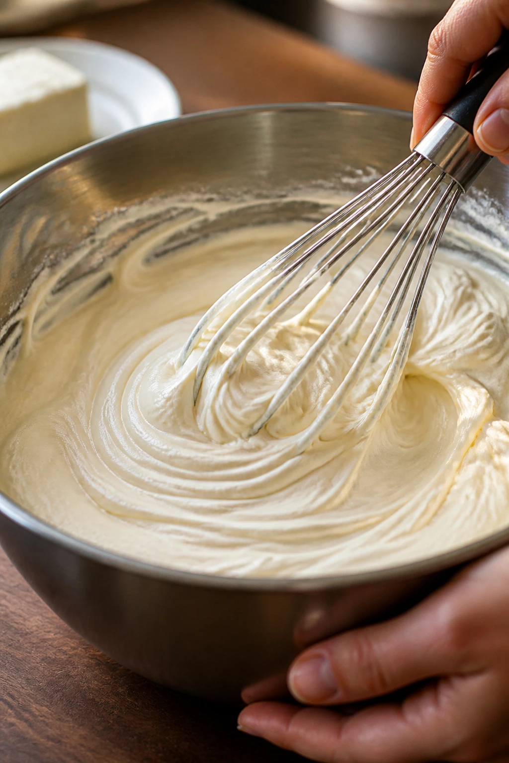 Close-up of cream cheese frosting being whipped in a bowl
