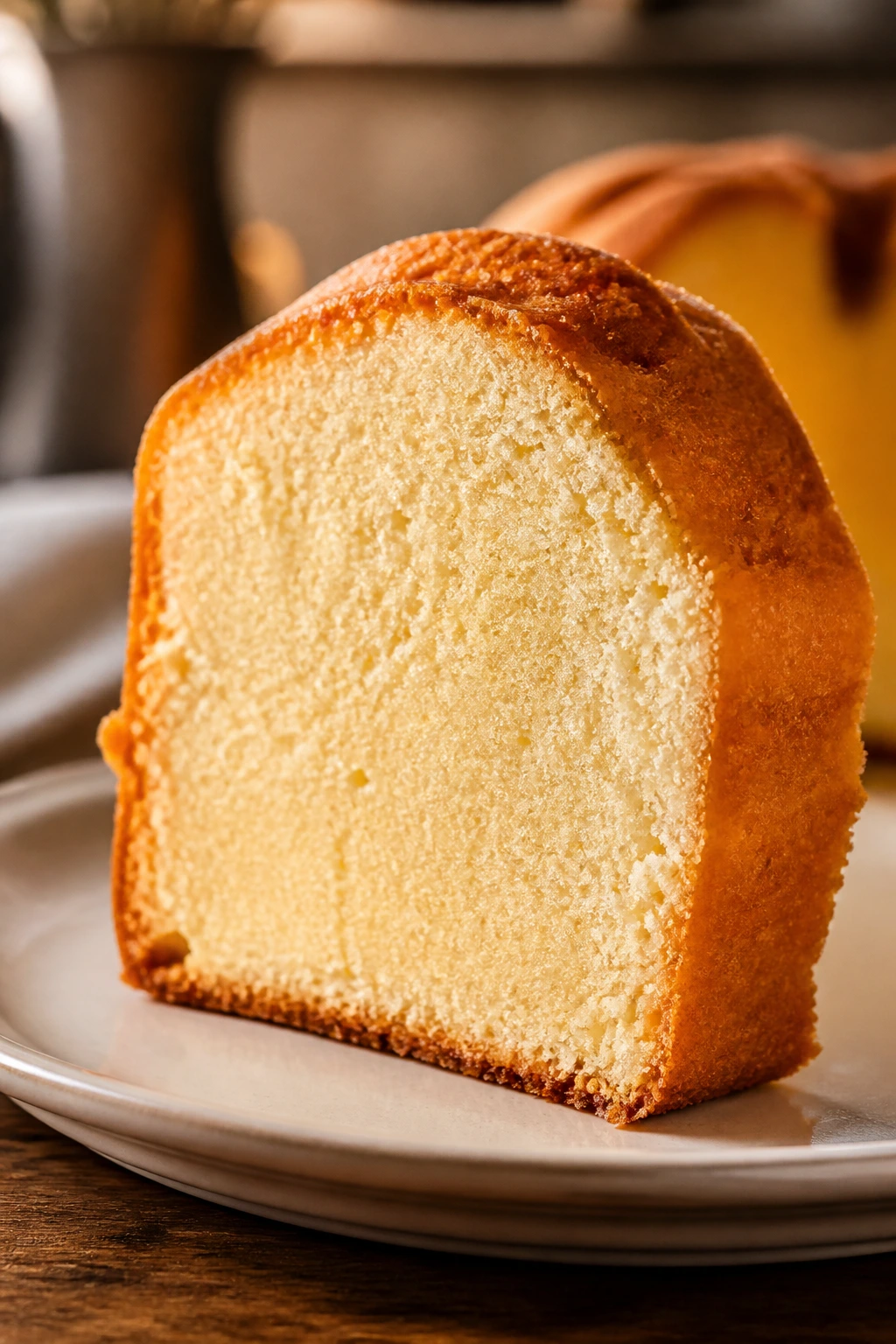 Close-up of cream cheese pound cake slice with soft crumb and golden crust