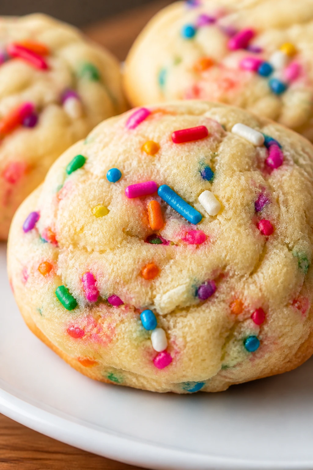Close-up of cream cheese rainbow drop cookie with sprinkles