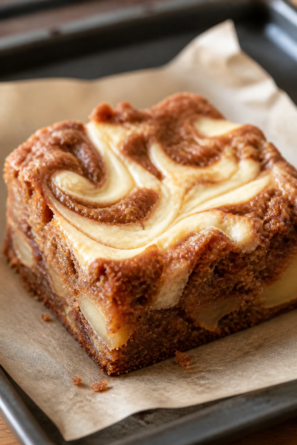 Close-up of a brownie square with a cream cheese ribbon in a home kitchen