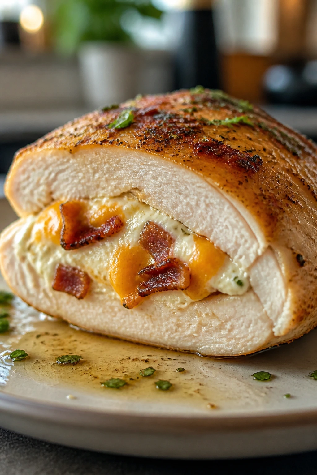 Cross-section of cream cheese stuffed chicken breast with cheddar and bacon filling on a plate.