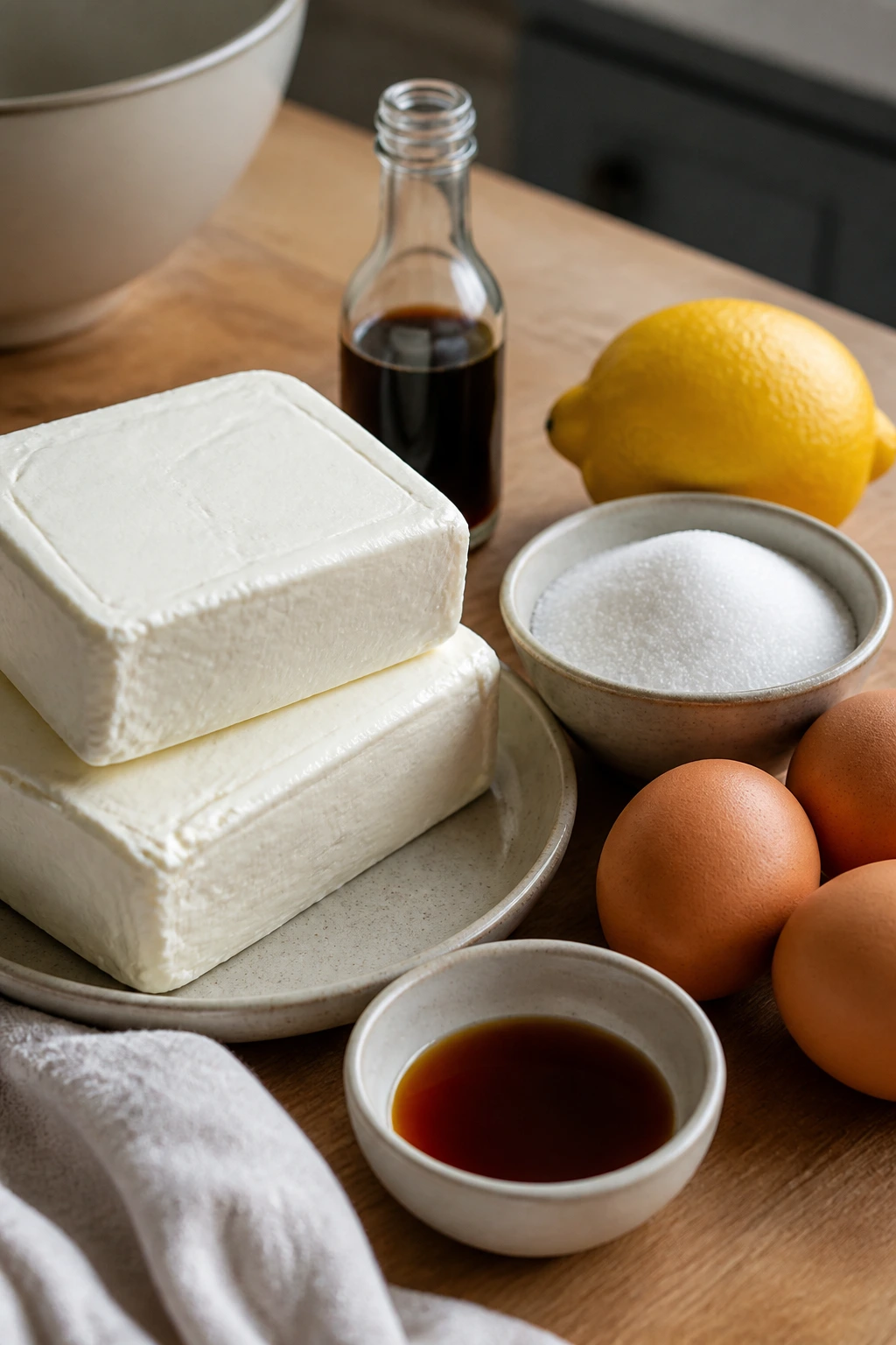 Unlabeled cream cheese blocks and baking ingredients arranged on a wooden counter