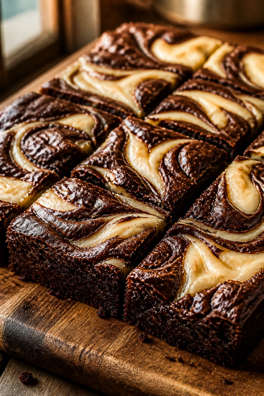 Close-up of fudgy brownies with cream cheese swirl ribbons on a wooden board