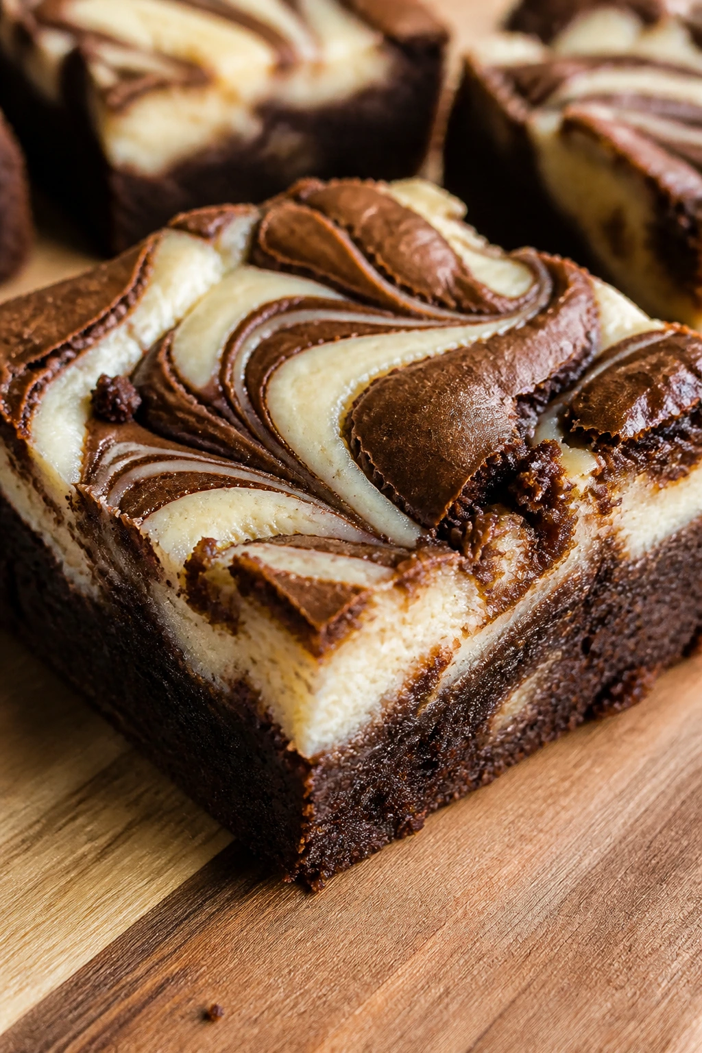 Close-up of fudgy Cream Cheese Swirl Brownies with white ribbons on a wooden board