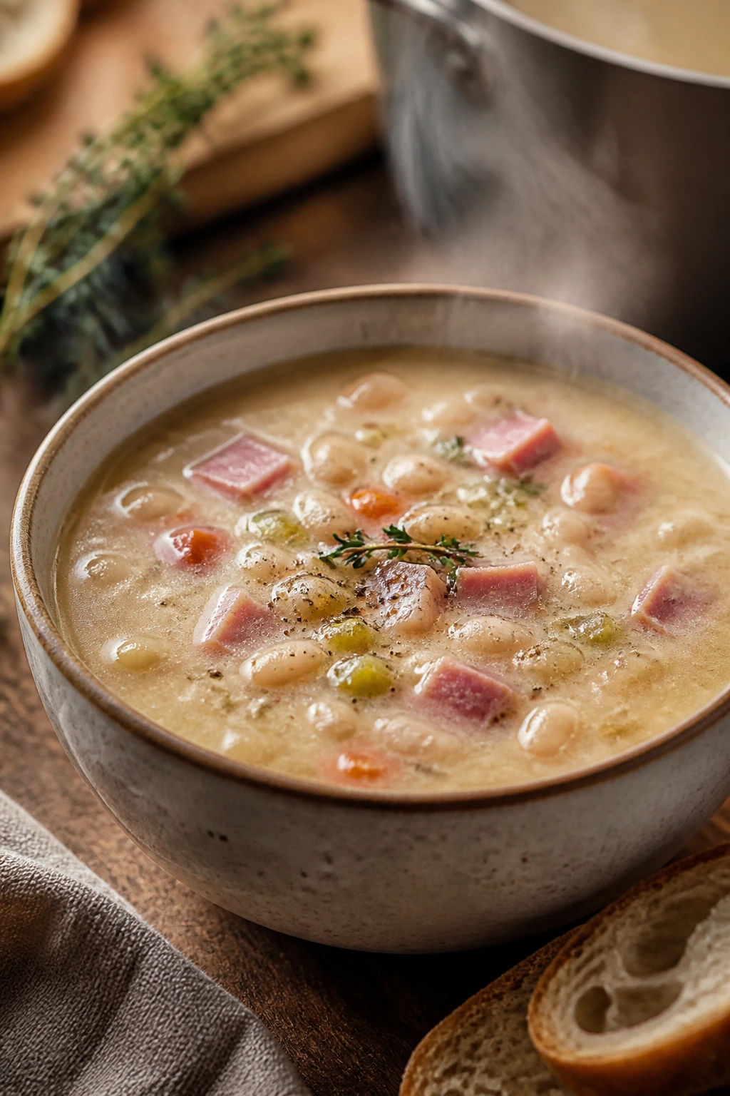 Creamy ham and bean soup with beans and ham in a bowl
