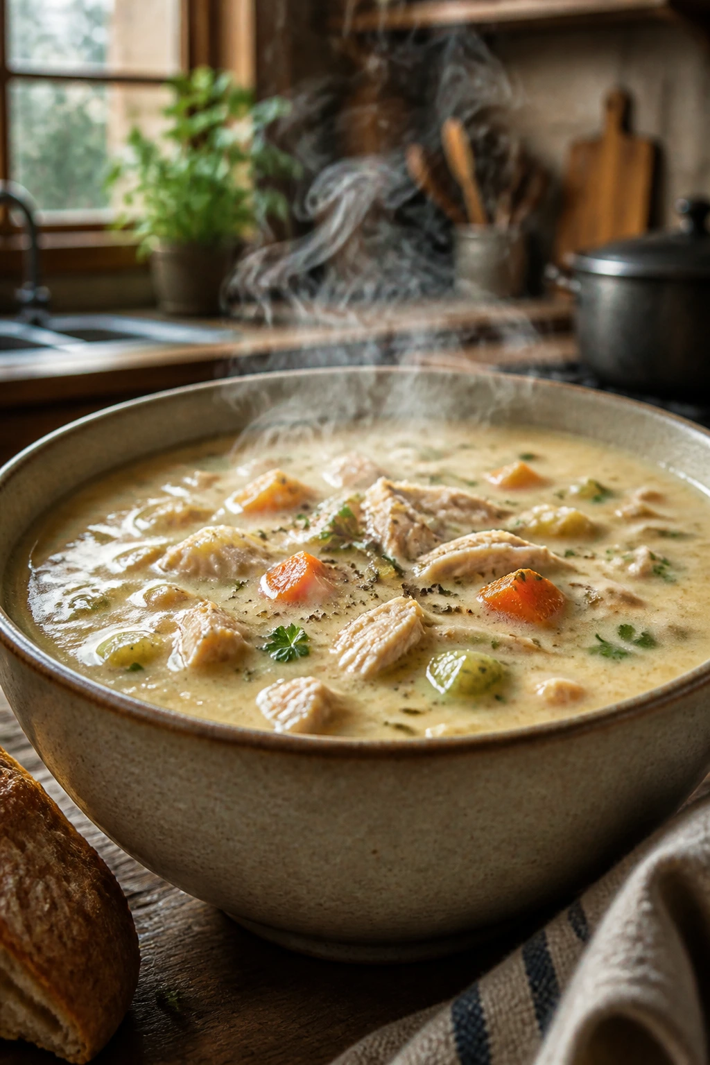 Cozy bowl of cream of chicken soup in a rustic kitchen with steam