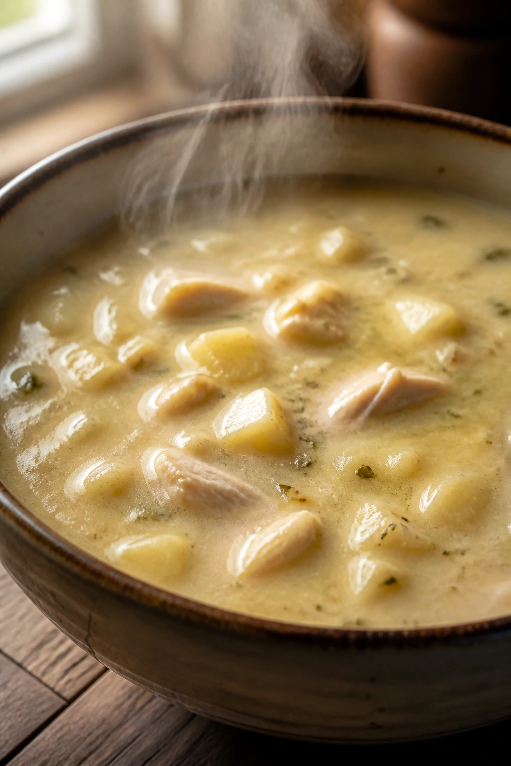 Close-up of glossy creamy soup with chicken and potato in a bowl, steam rising in a warm kitchen