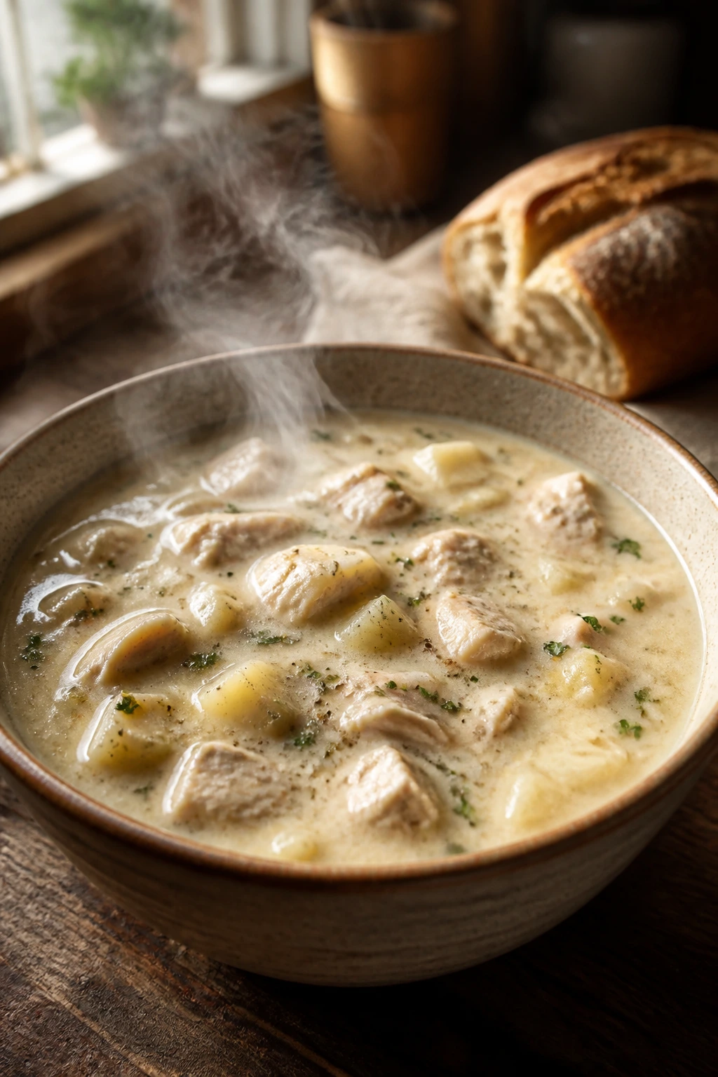 Close up of creamy chicken soup in a rustic bowl with chicken and potato pieces