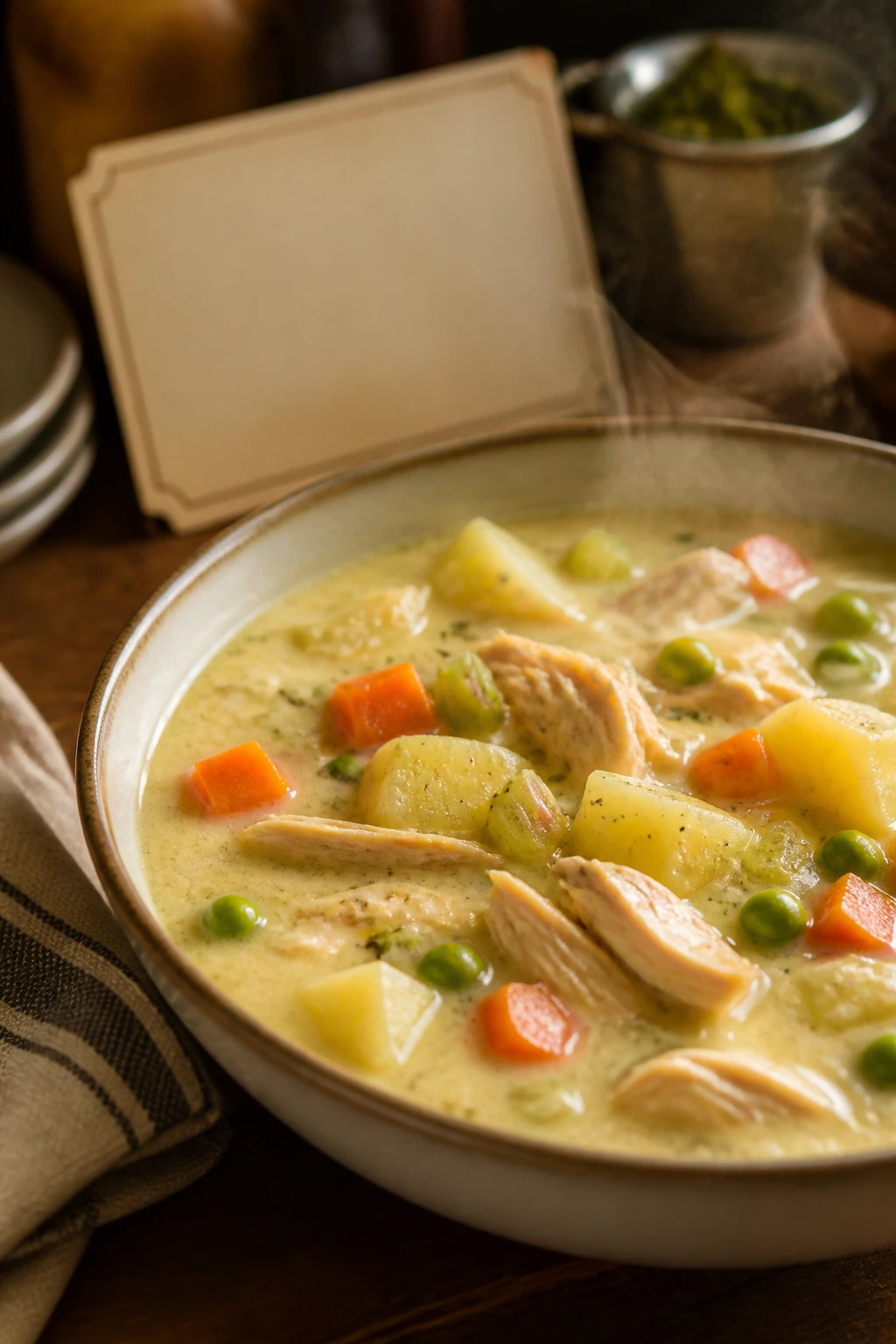 Close up of creamy chicken soup in a large bowl with vegetables, on a wooden table with a blurred blank recipe card