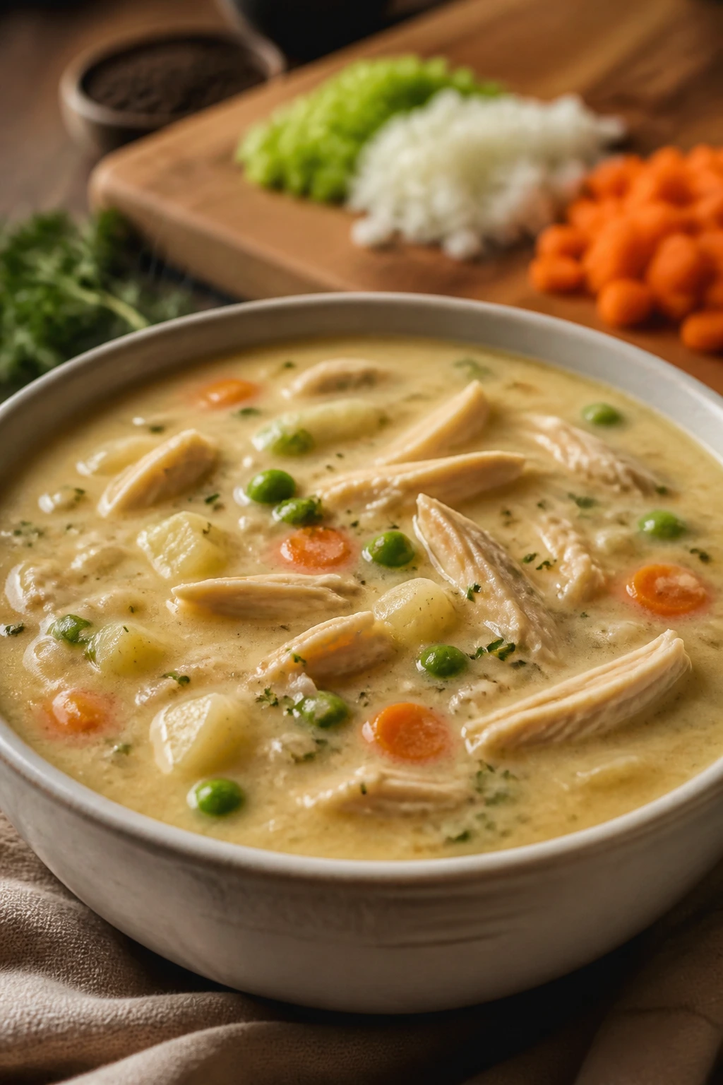 Cream of chicken soup with chicken and vegetables in a bowl, warm kitchen background
