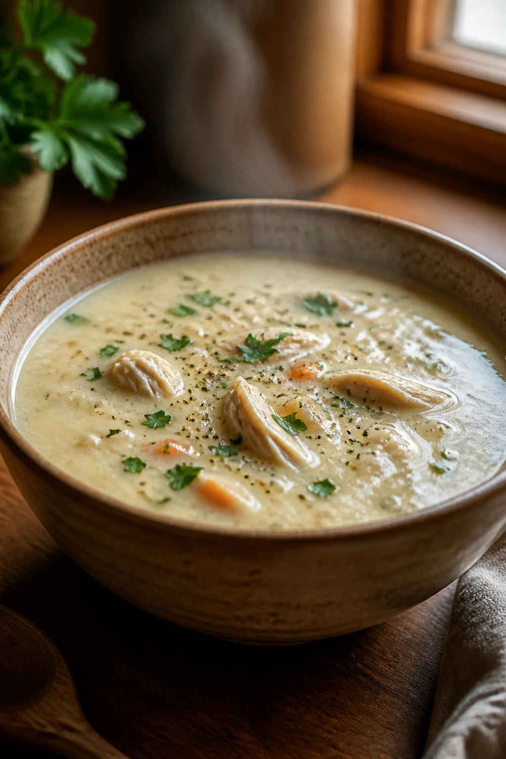 Close-up of steaming cream of chicken soup in a rustic bowl with parsley and pepper