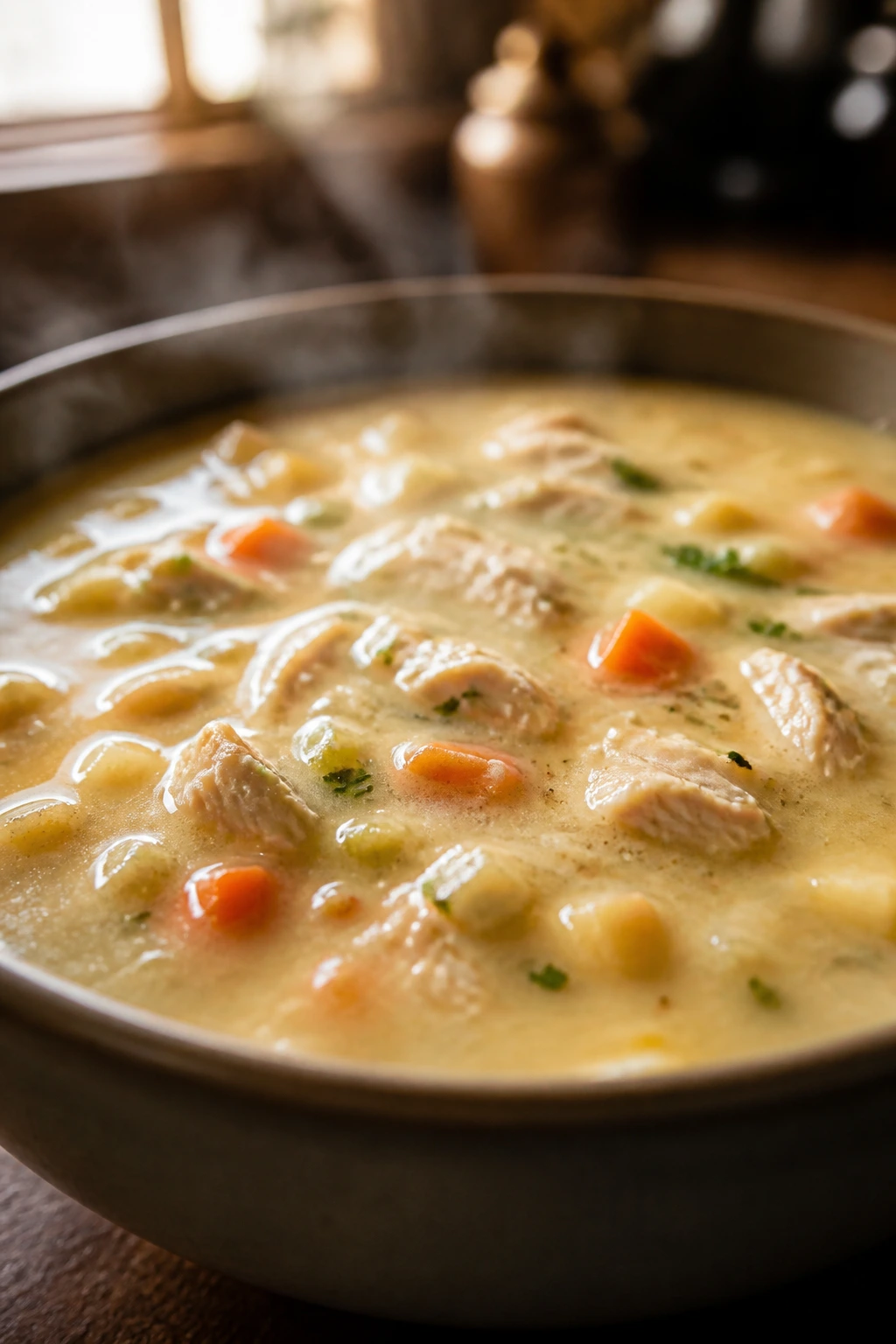 Steaming creamy soup bowl in a blurred kitchen setting