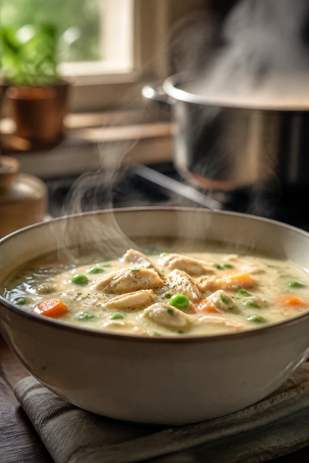 Steaming bowl of cream of chicken soup in warm kitchen