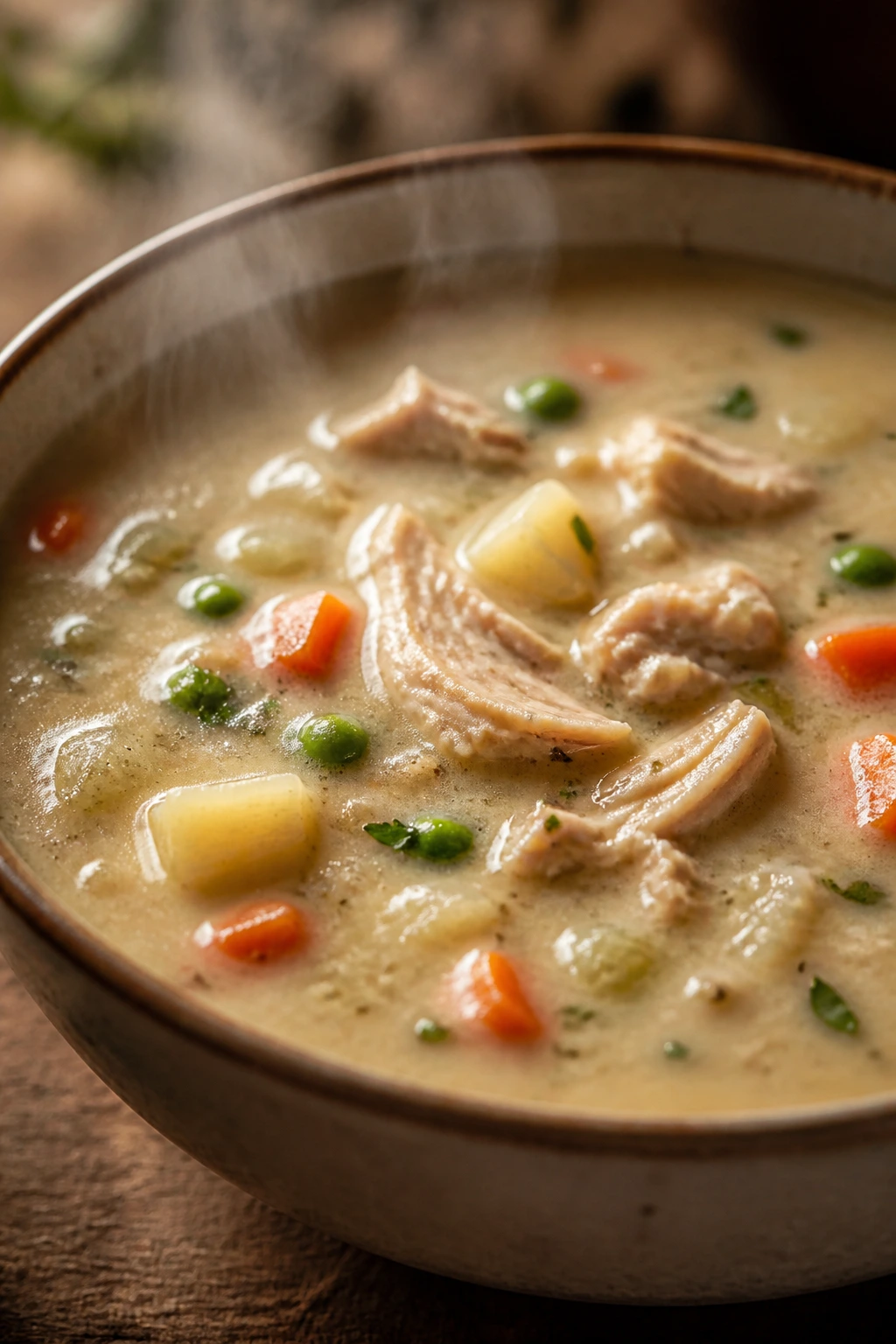 Creamy soup with chicken and potato chunks in a bowl, on a rustic counter