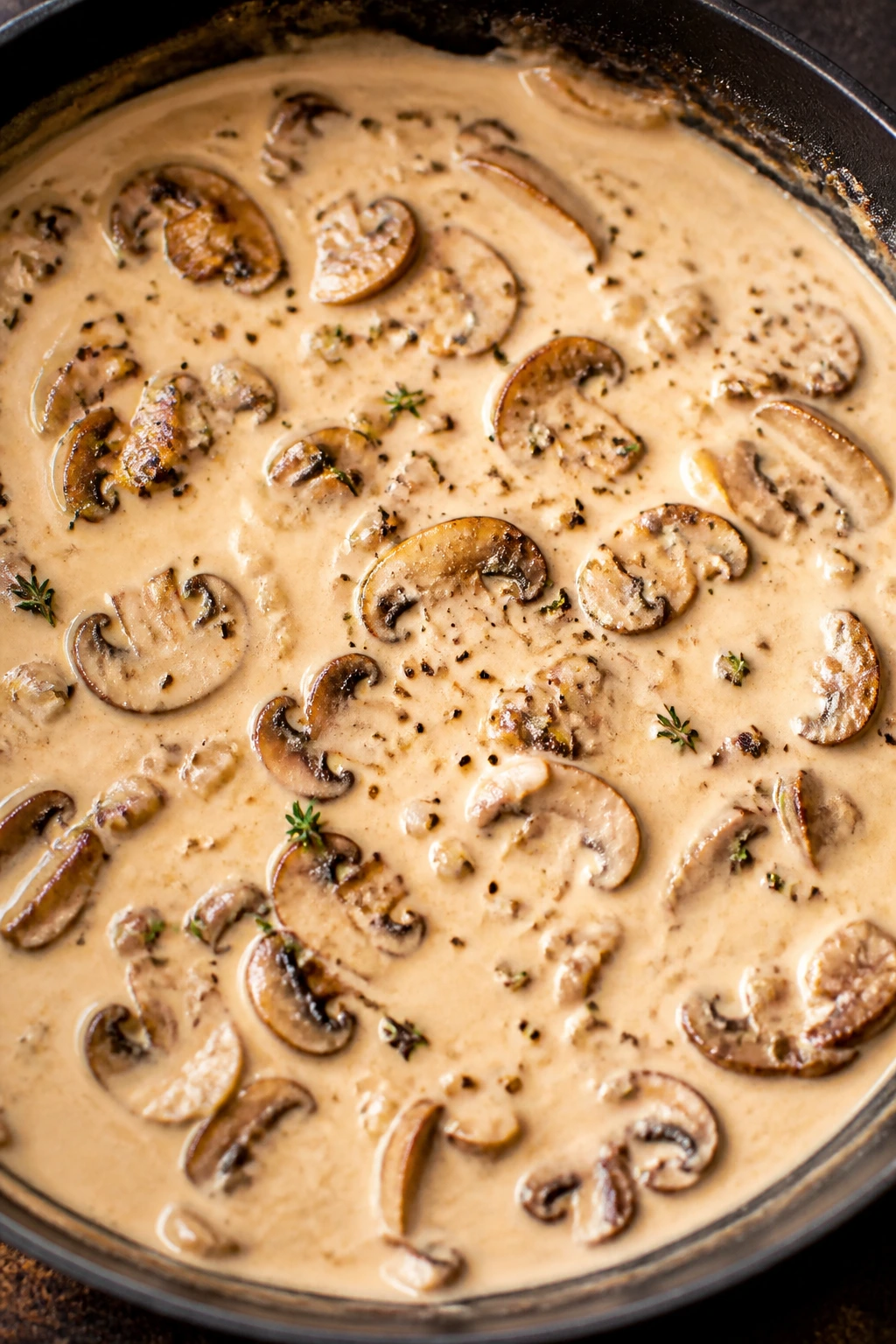 Silky cream sauce in a pan with browned edges