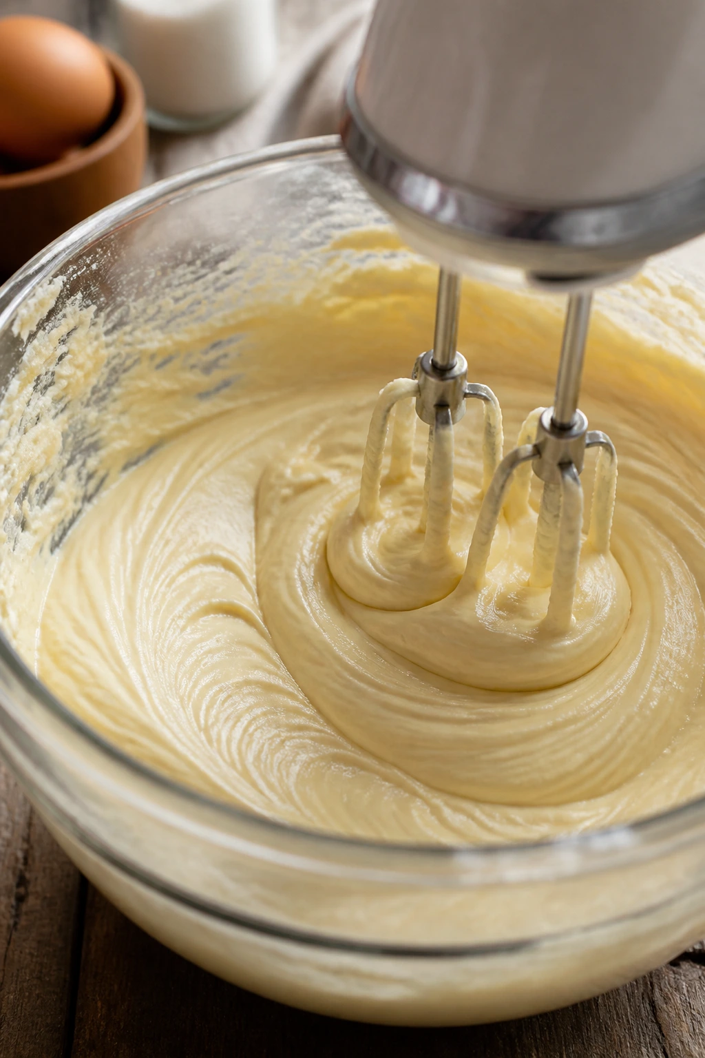 Creamed batter in a mixing bowl being blended by a mixer