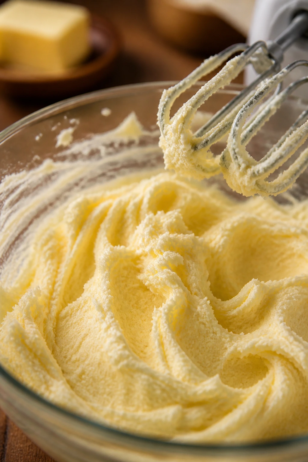 Close-up of creamed butter and sugar in a bowl with mixer in background