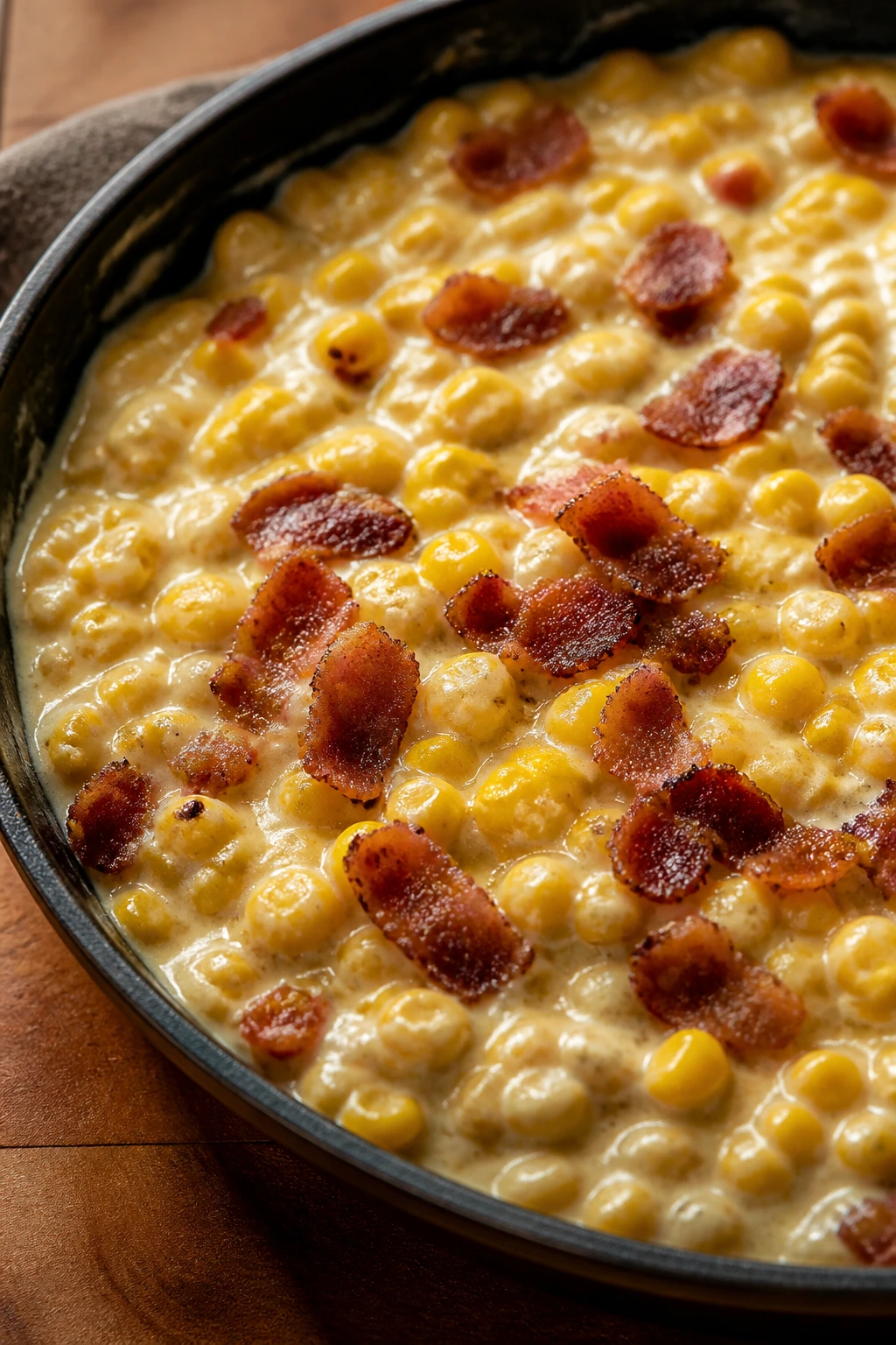 Creamed corn with crispy bacon in a pan
