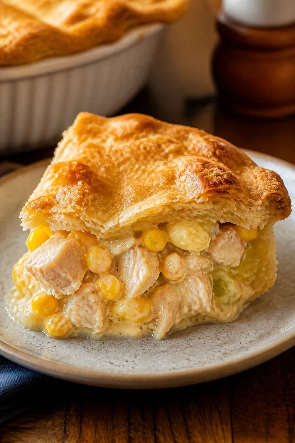 Wedge of Creamed Corn Chicken Pot Pie on plate with corn kernels