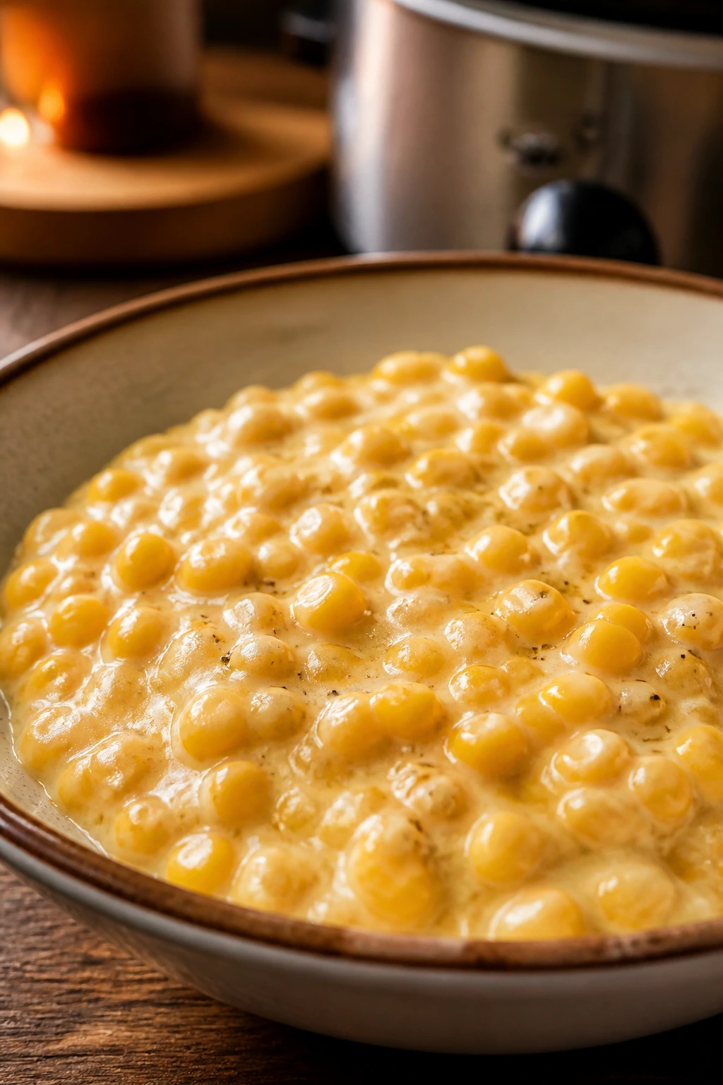 Close-up of glossy creamed corn in a bowl with a warm kitchen backdrop