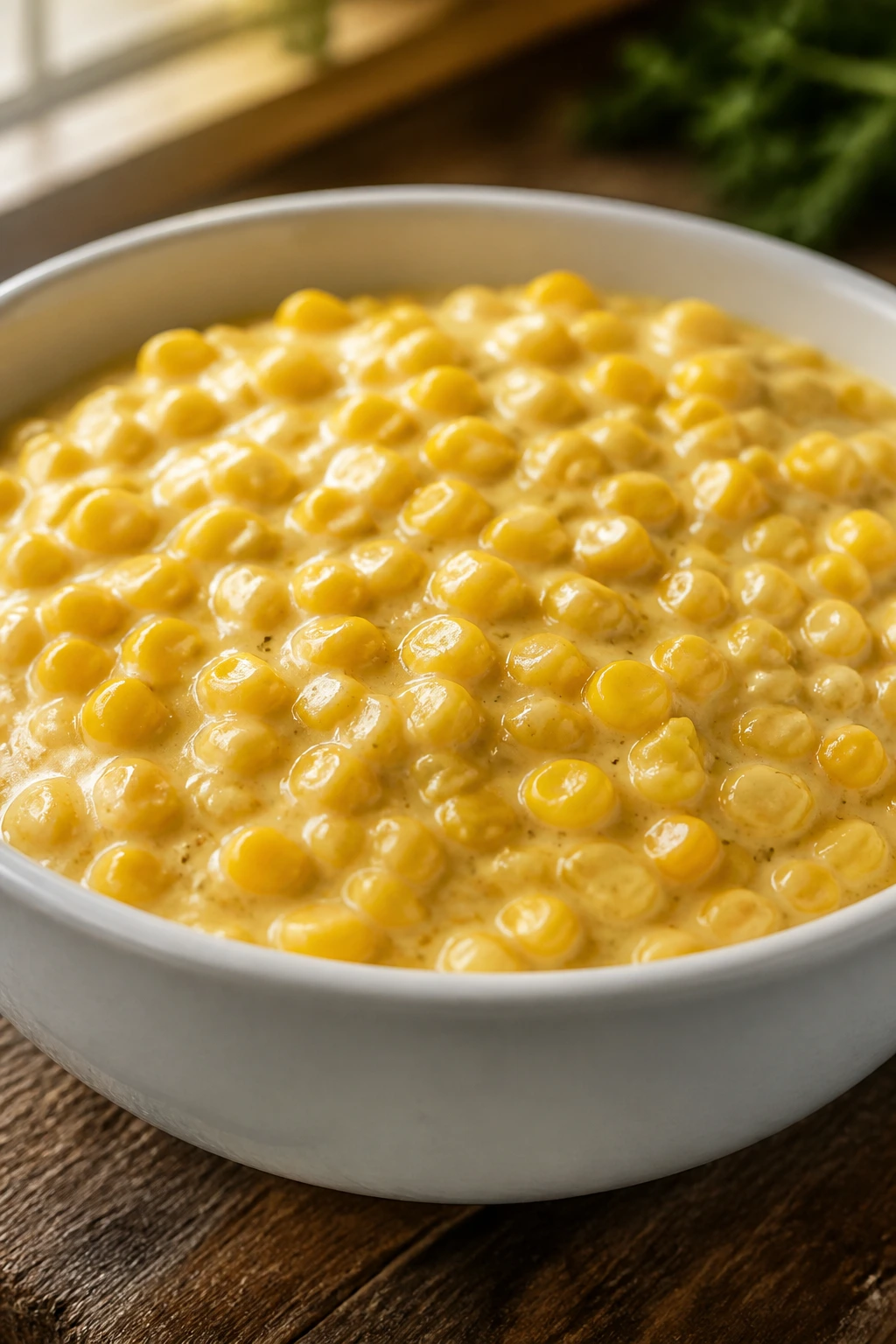 Close-up of glossy creamed corn in a white bowl on a rustic wooden counter