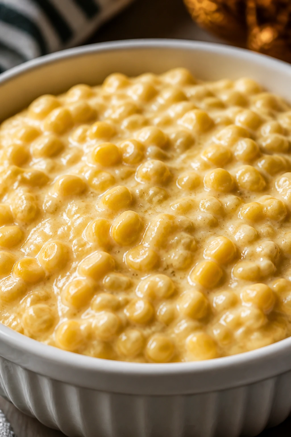 Creamed corn in white bowl with glossy sauce under warm kitchen light