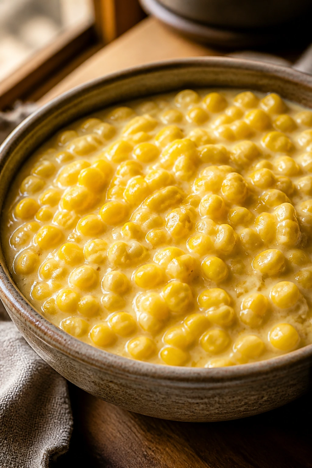 Close-up of creamed corn in a rustic bowl with glossy, creamy texture
