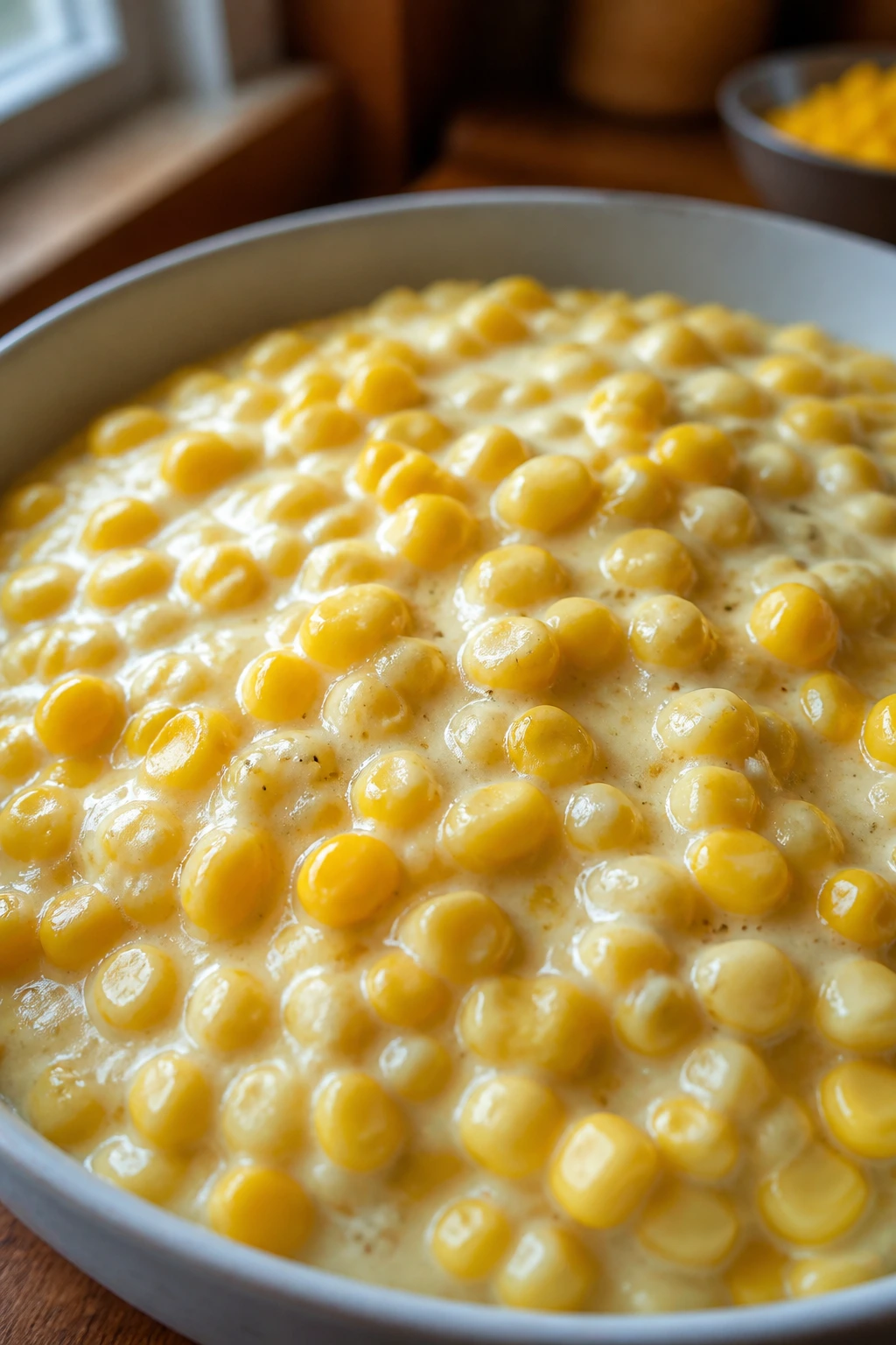 Close-up of glossy creamed corn in a bowl with warm kitchen lighting