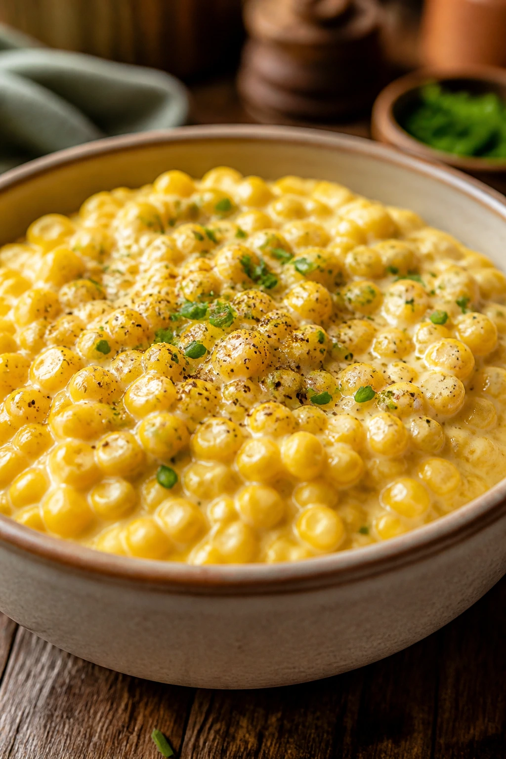 Close-up of glossy creamed corn in a warm serving bowl with chives and pepper on a wooden table