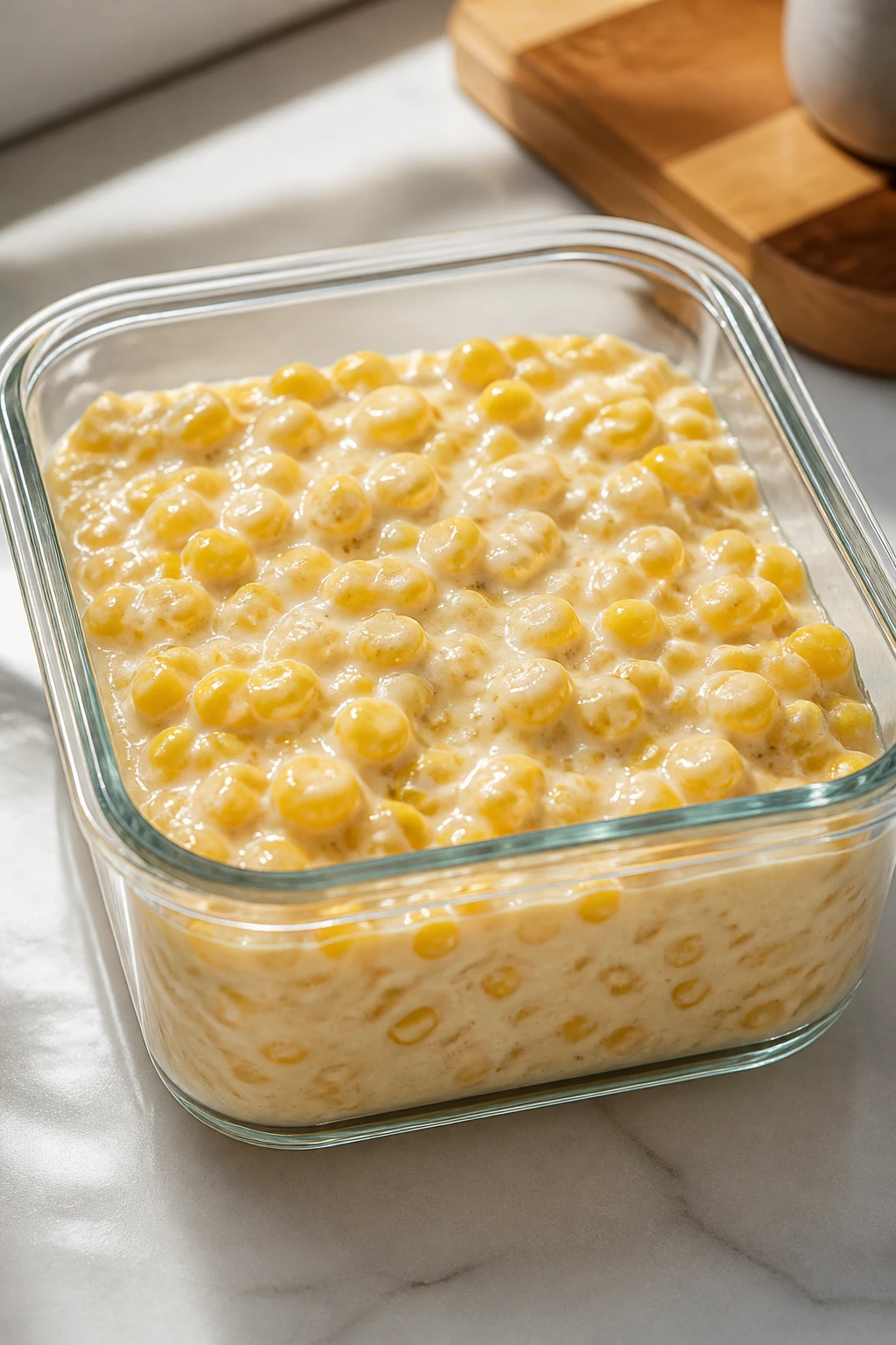 Glass storage container filled with creamed corn on a kitchen counter